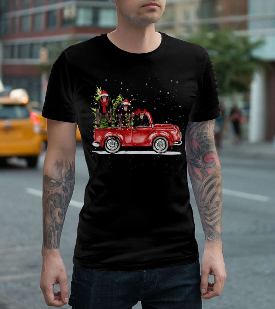 Christmas Three Chimpanzee Ride Red Truck Snowy Holiday Scene T-Shirt