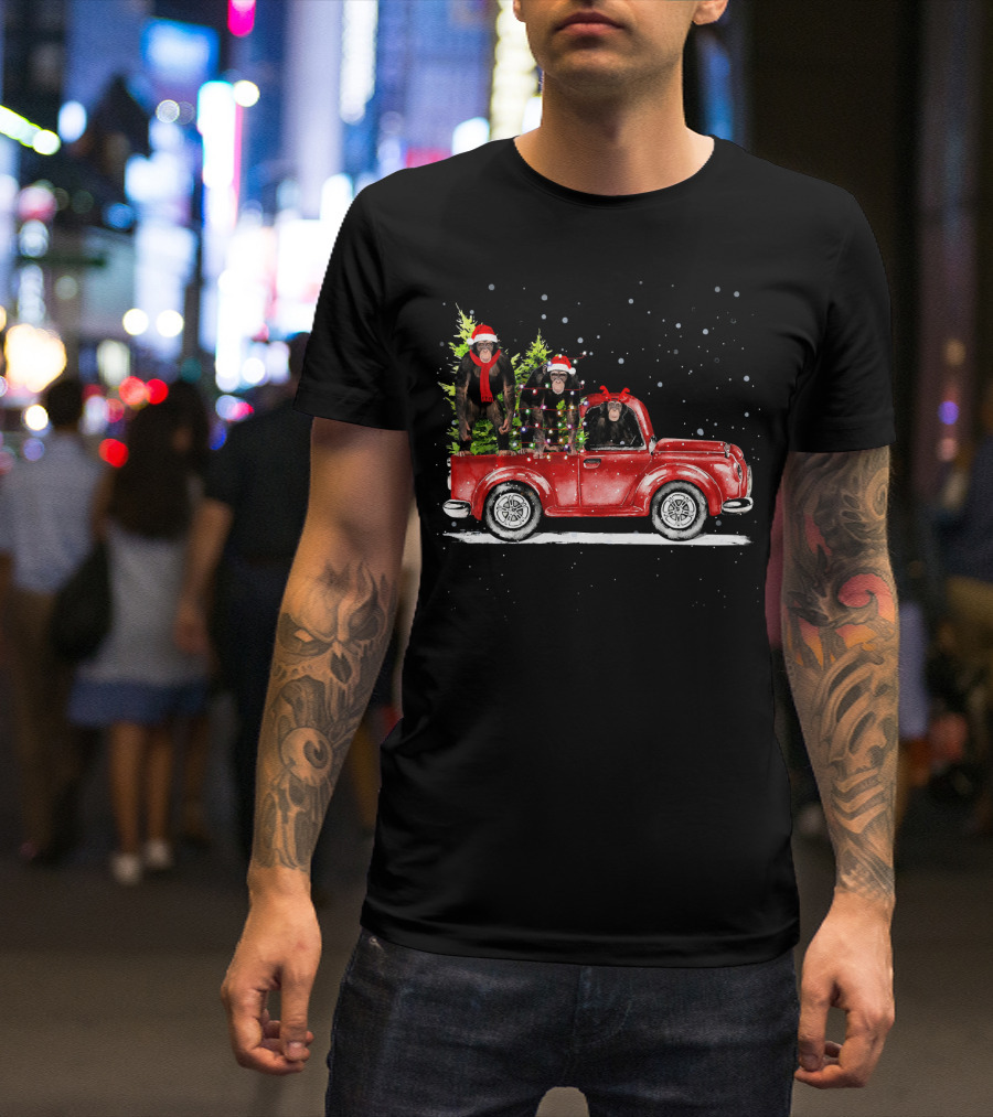 Christmas Three Chimpanzee Ride Red Truck Snowy Holiday Scene T-Shirt
