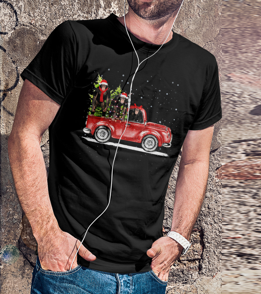 Christmas Three Chimpanzee Ride Red Truck Snowy Holiday Scene T-Shirt