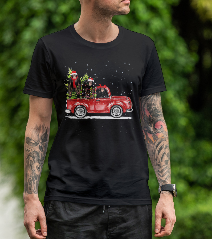 Christmas Three Chimpanzee Ride Red Truck Snowy Holiday Scene T-Shirt