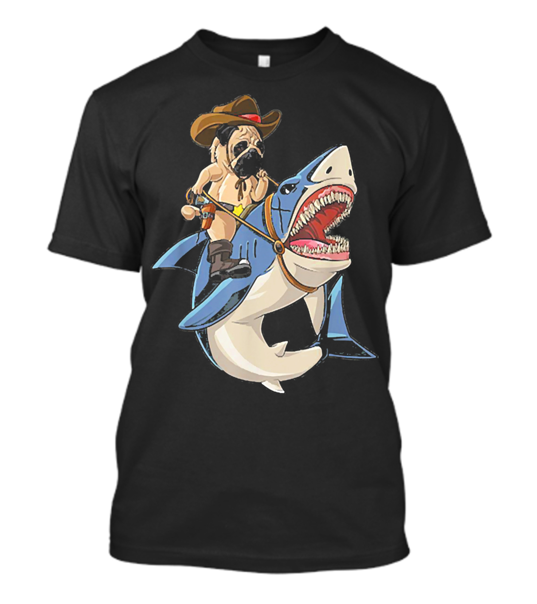 Cowboy Pug Riding Shark With Western Hat And Saddle On Great White T-Shirt