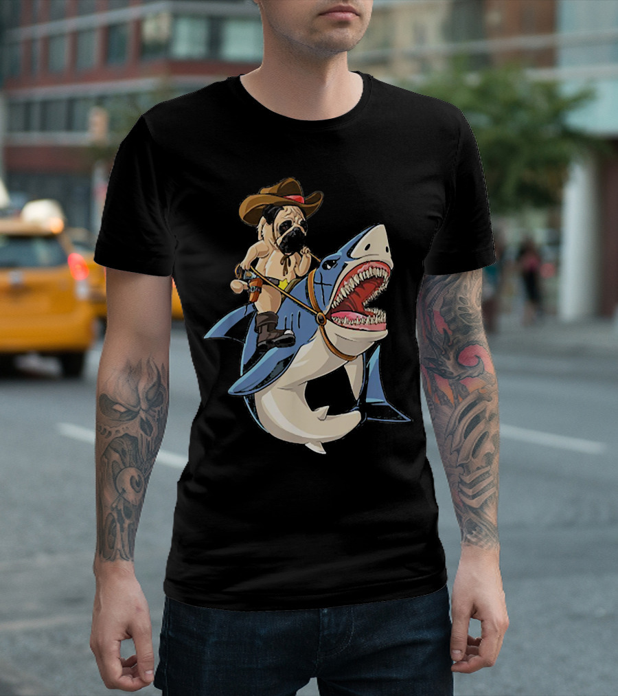 Cowboy Pug Riding Shark With Western Hat And Saddle On Great White T-Shirt