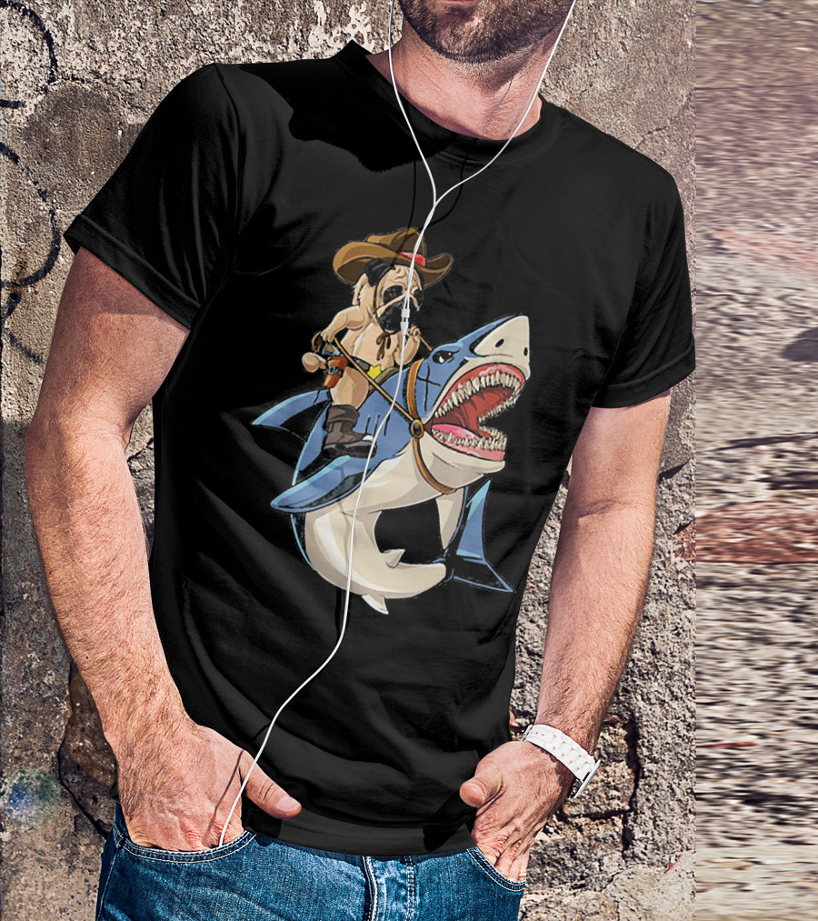 Cowboy Pug Riding Shark With Western Hat And Saddle On Great White T-Shirt