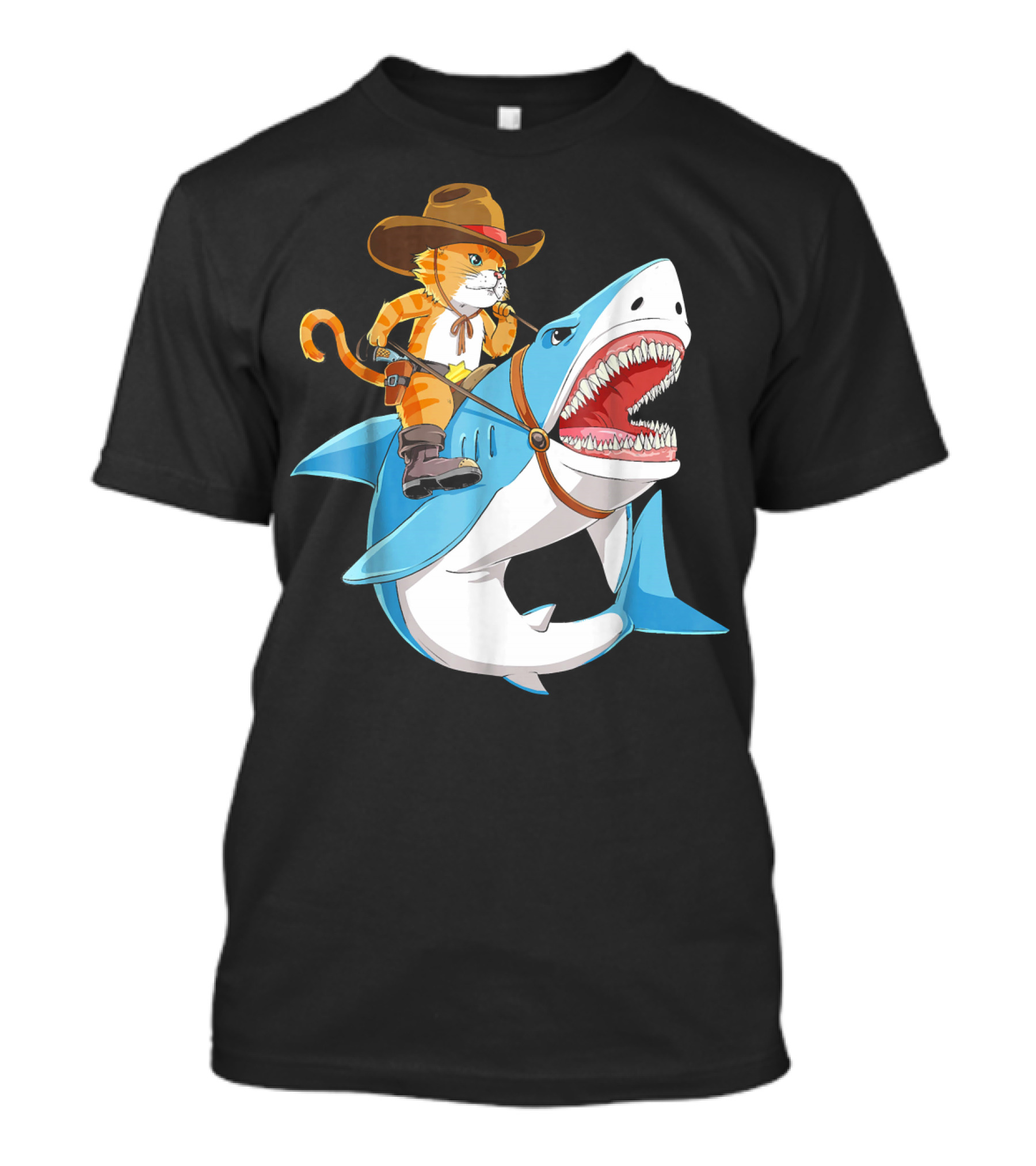 Cowboy Cat Riding Shark T-Shirt