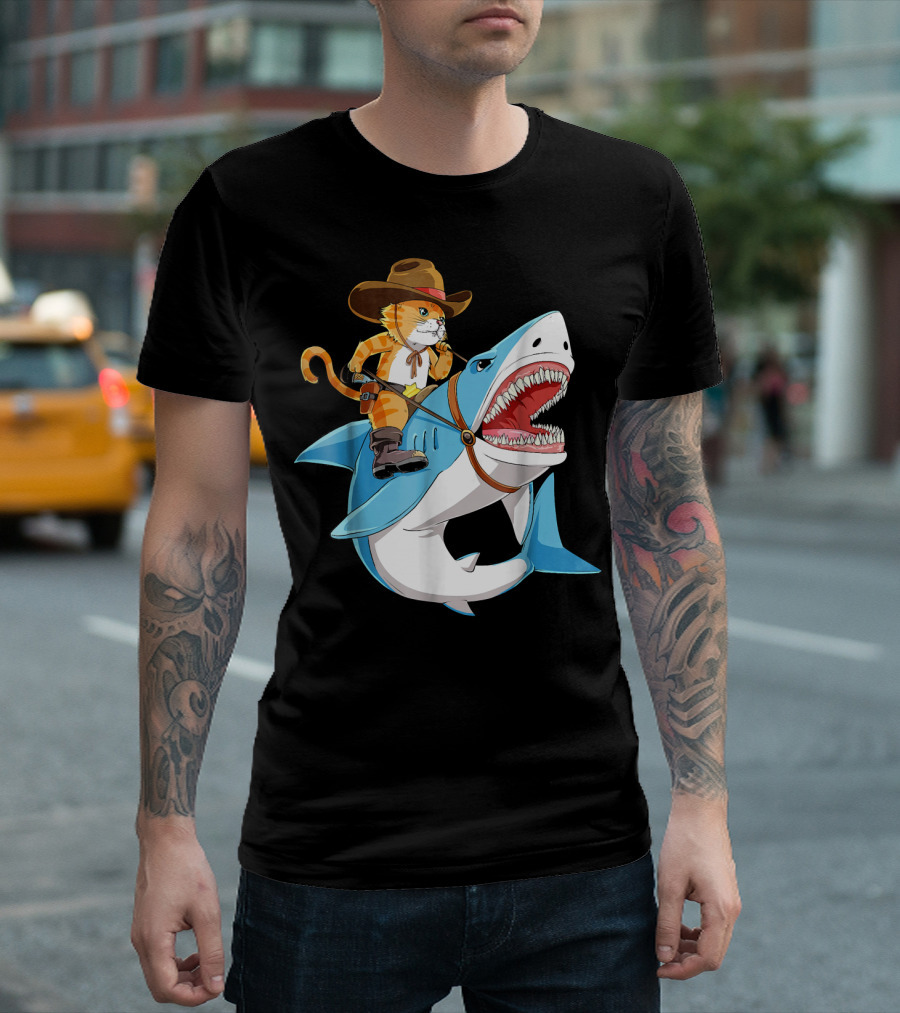 Cowboy Cat Riding Shark T-Shirt