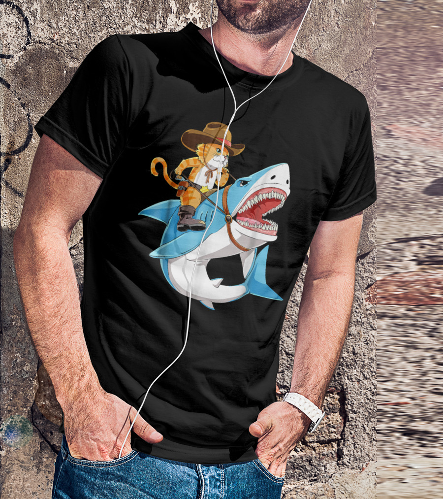 Cowboy Cat Riding Shark T-Shirt