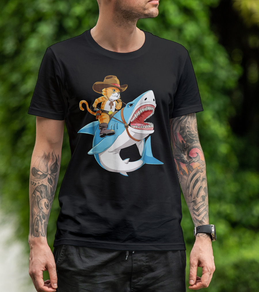 Cowboy Cat Riding Shark T-Shirt