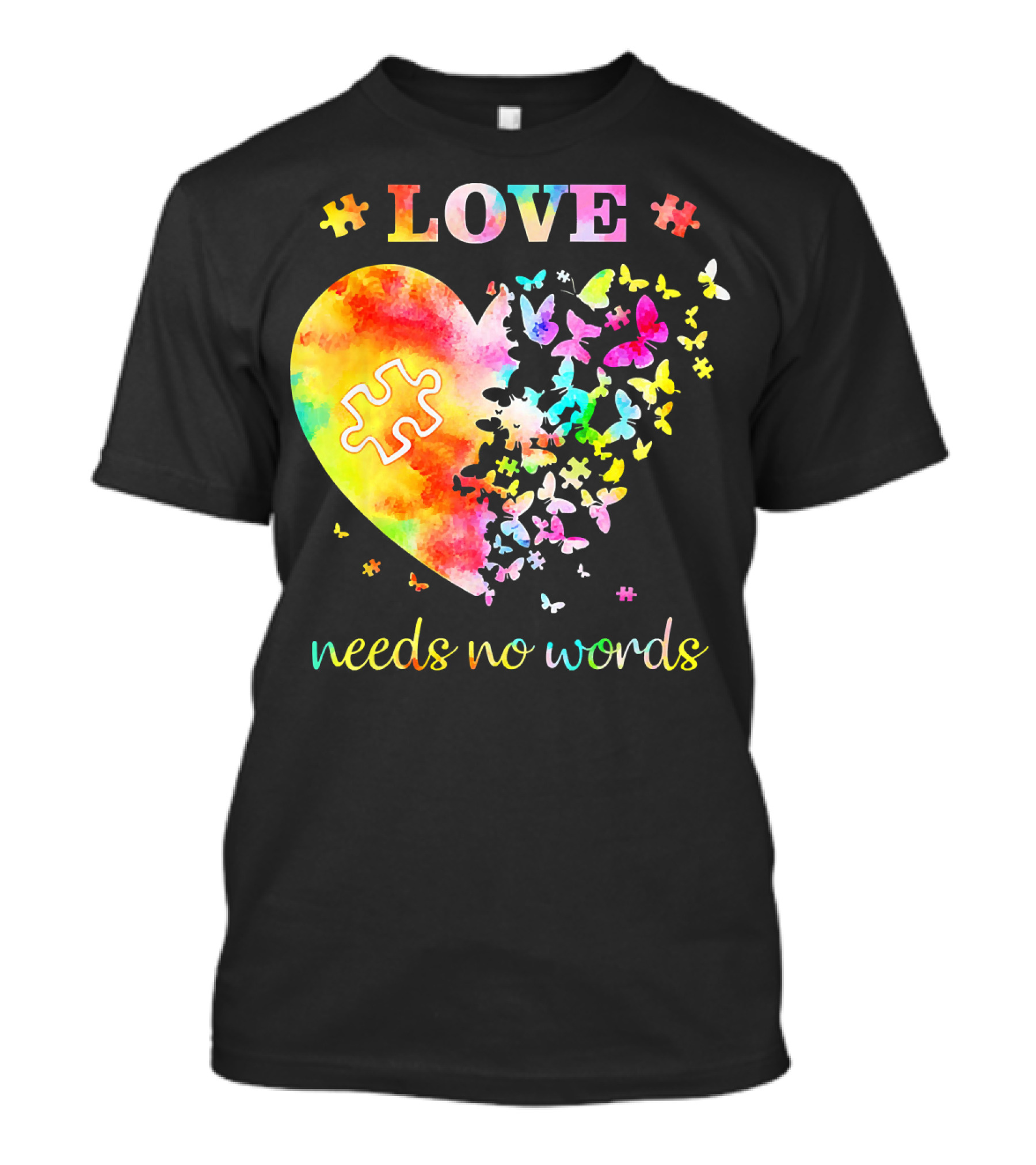 LOVE Needs No Words Autism Heart Puzzle Butterflies T-Shirt
