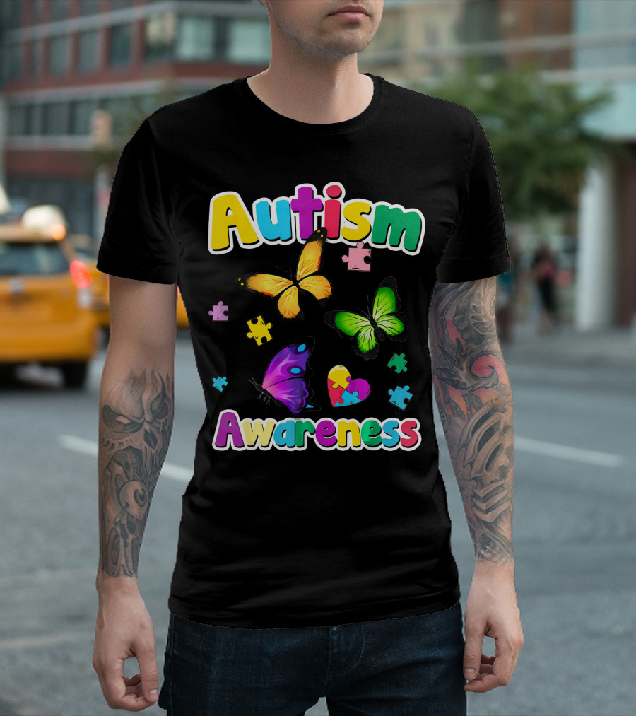 Autism Awareness Colorful Butterflies and Puzzle Pieces T-Shirt