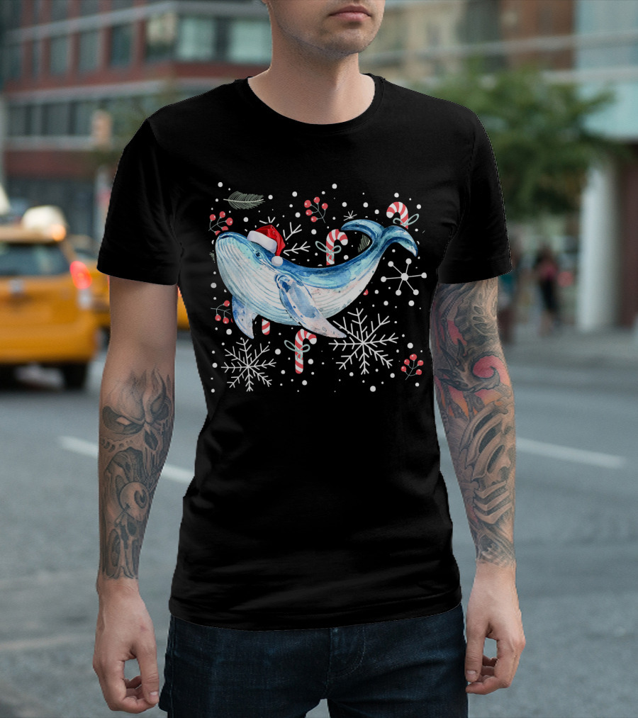 Blue Whale Santa Hat Candy Cane Snowflakes Christmas Watercolor T-Shirt