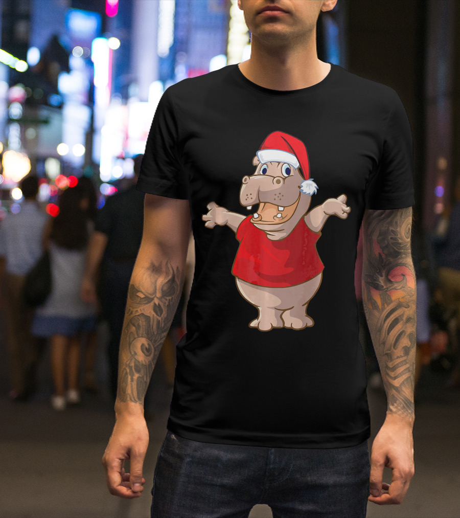 Christmas Hippo Santa Hat Red T-Shirt