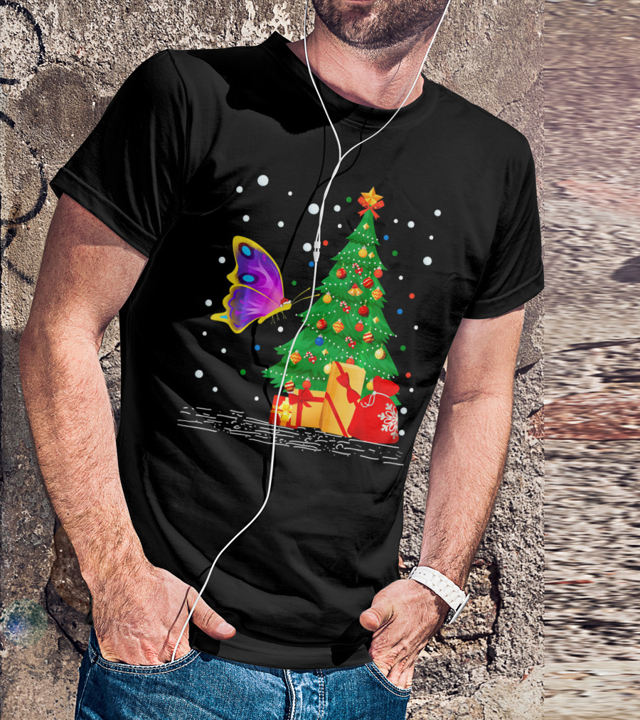 Butterflies Lover Santa Hat Christmas Tree And Gifts T-Shirt