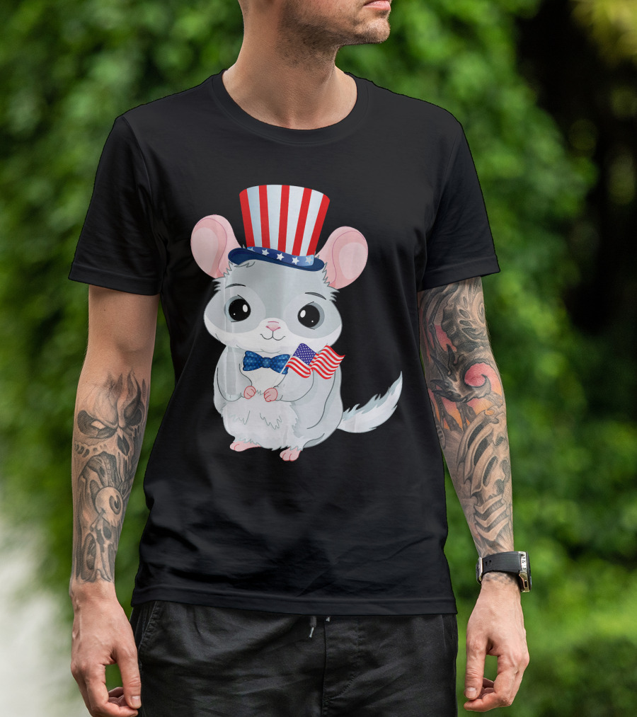 Chinchilla With Patriotic Hat And American Flag For 4th Of July T-Shirt