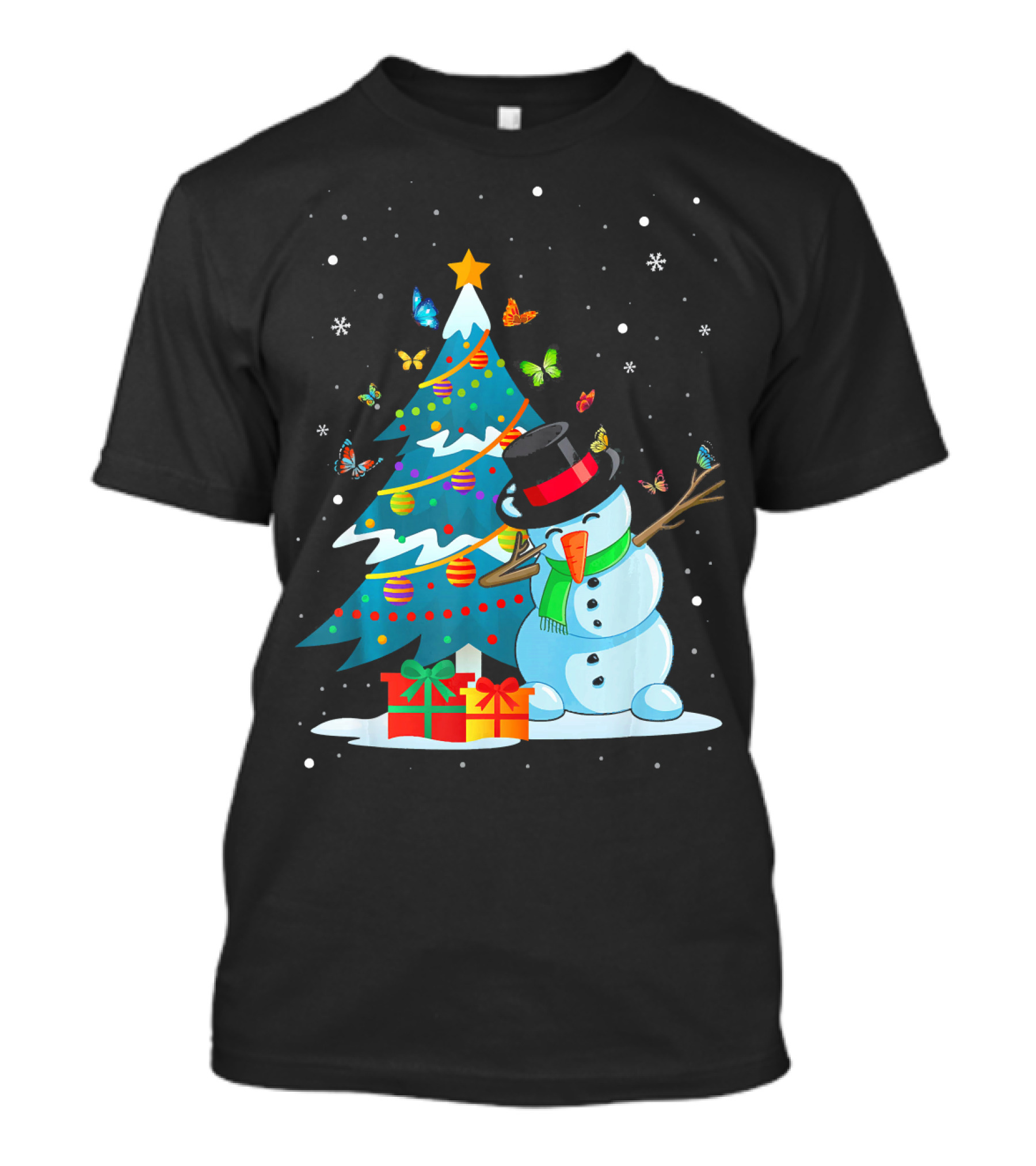 Butterfly Snowman Christmas Holiday Tree With Presents T-Shirt