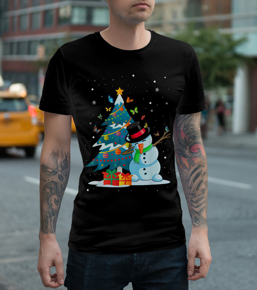 Butterfly Snowman Christmas Holiday Tree With Presents T-Shirt