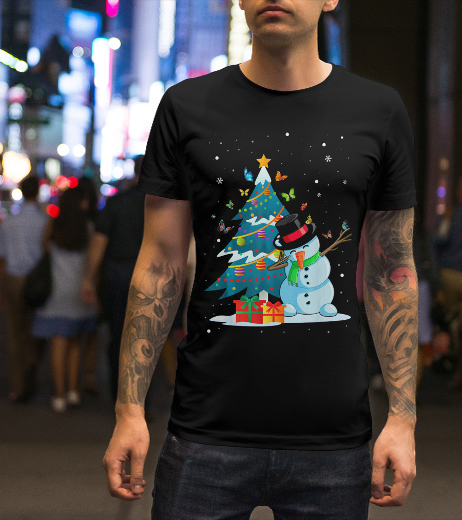 Butterfly Snowman Christmas Holiday Tree With Presents T-Shirt