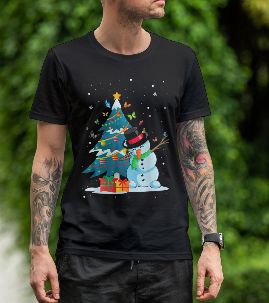 Butterfly Snowman Christmas Holiday Tree With Presents T-Shirt