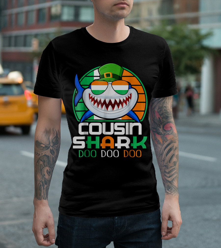 Cousin Shark Doo Doo Doo Funny St. Patrick's Day Ireland Flag T-Shirt