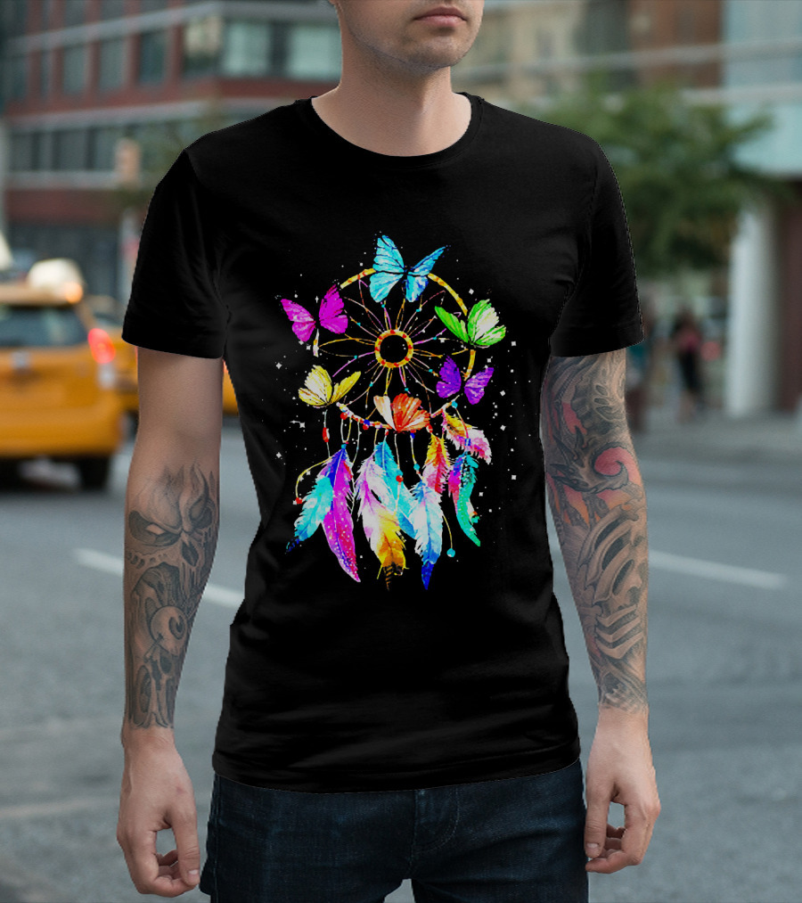 Butterfly Dream Catcher Rainbow Feathers T-Shirt