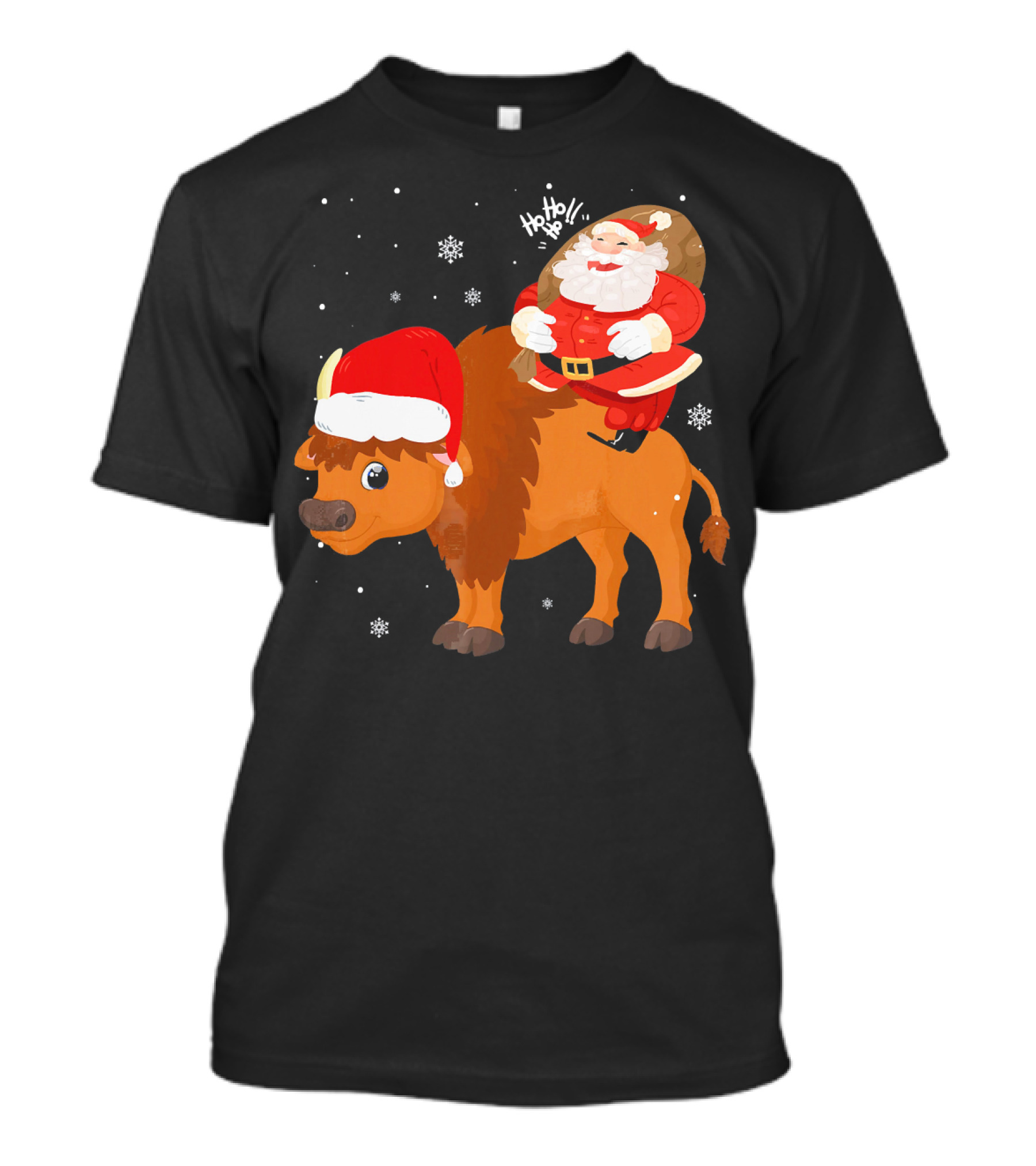 Santa Saying Ho Ho Ho Riding Bison With Christmas Hat And Snowflakes T-Shirt