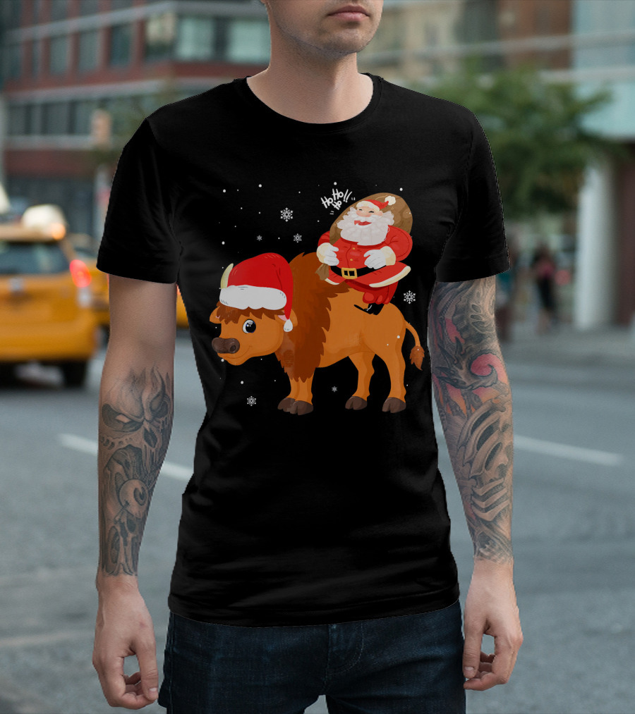 Santa Saying Ho Ho Ho Riding Bison With Christmas Hat And Snowflakes T-Shirt