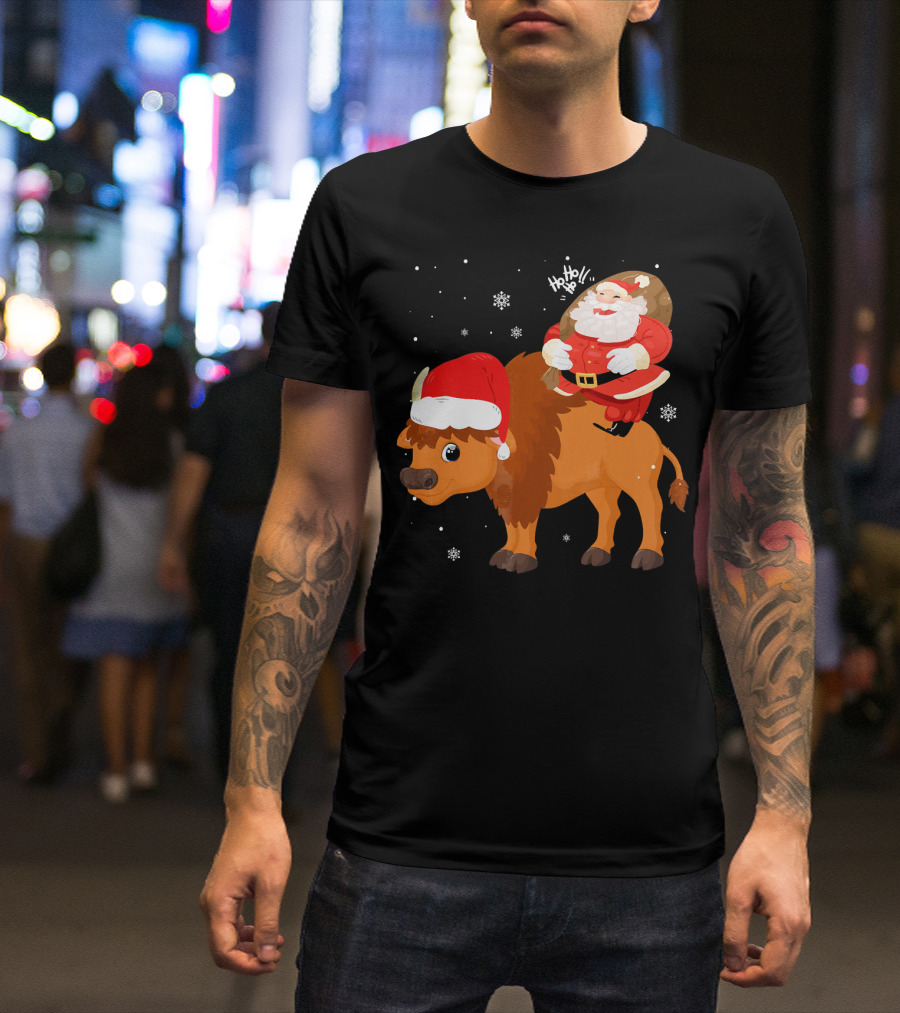 Santa Saying Ho Ho Ho Riding Bison With Christmas Hat And Snowflakes T-Shirt
