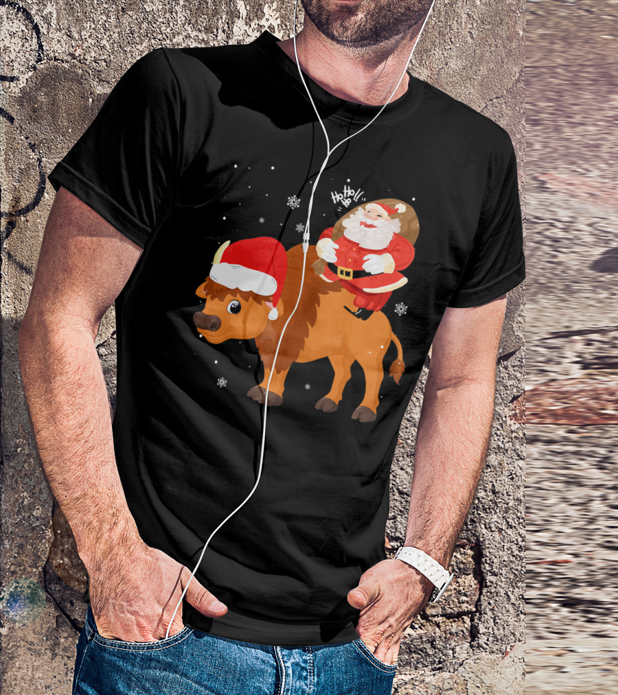 Santa Saying Ho Ho Ho Riding Bison With Christmas Hat And Snowflakes T-Shirt