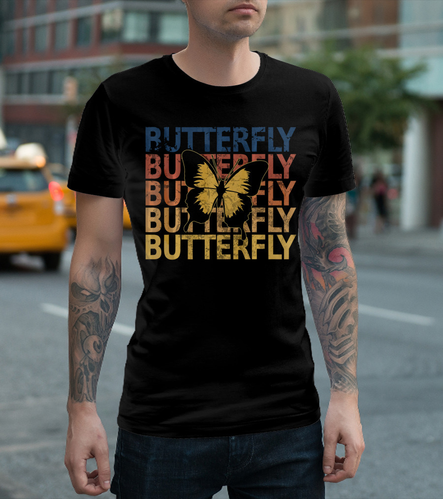 Butterfly Retro 1970s Vibe Multicolor Stacked Text T-Shirt
