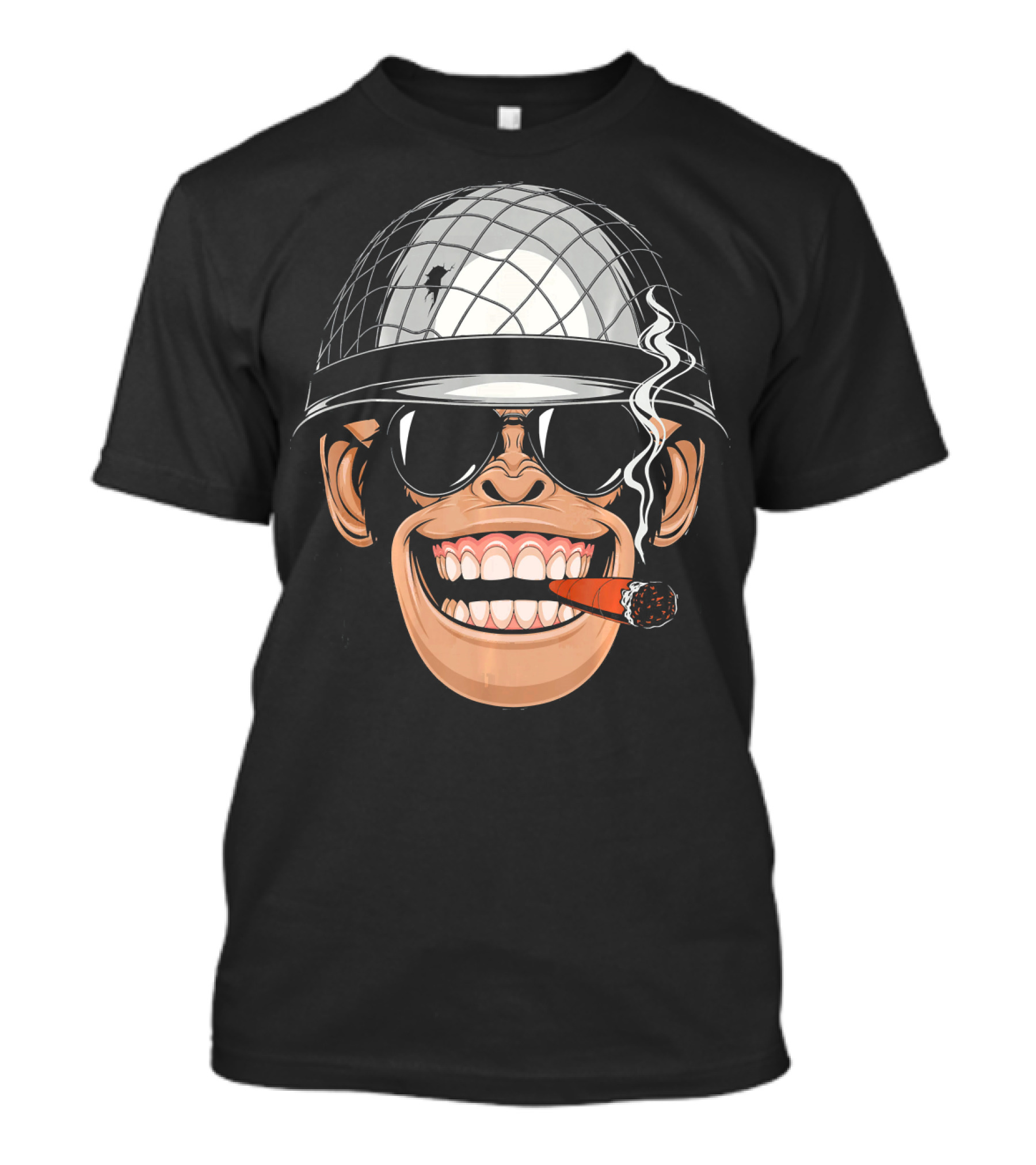 Chimpanzee Monkey Wearing Soldier Helmet With Sunglasses And Cigar T-Shirt