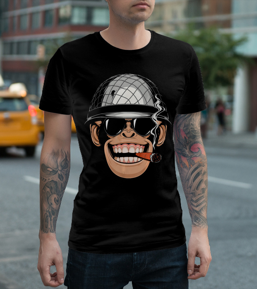 Chimpanzee Monkey Wearing Soldier Helmet With Sunglasses And Cigar T-Shirt