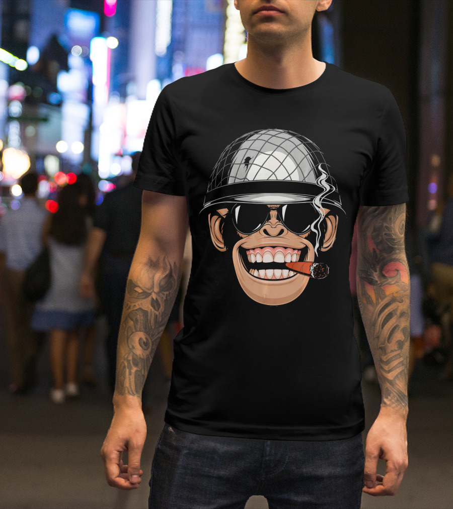 Chimpanzee Monkey Wearing Soldier Helmet With Sunglasses And Cigar T-Shirt