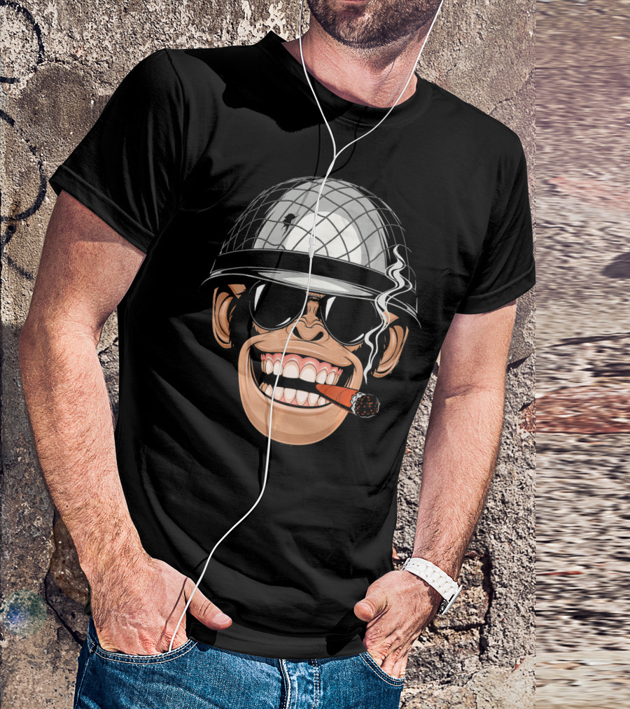 Chimpanzee Monkey Wearing Soldier Helmet With Sunglasses And Cigar T-Shirt