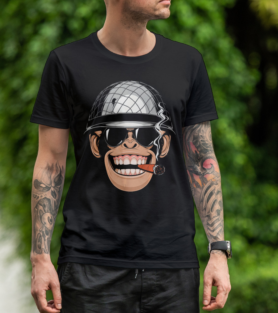 Chimpanzee Monkey Wearing Soldier Helmet With Sunglasses And Cigar T-Shirt