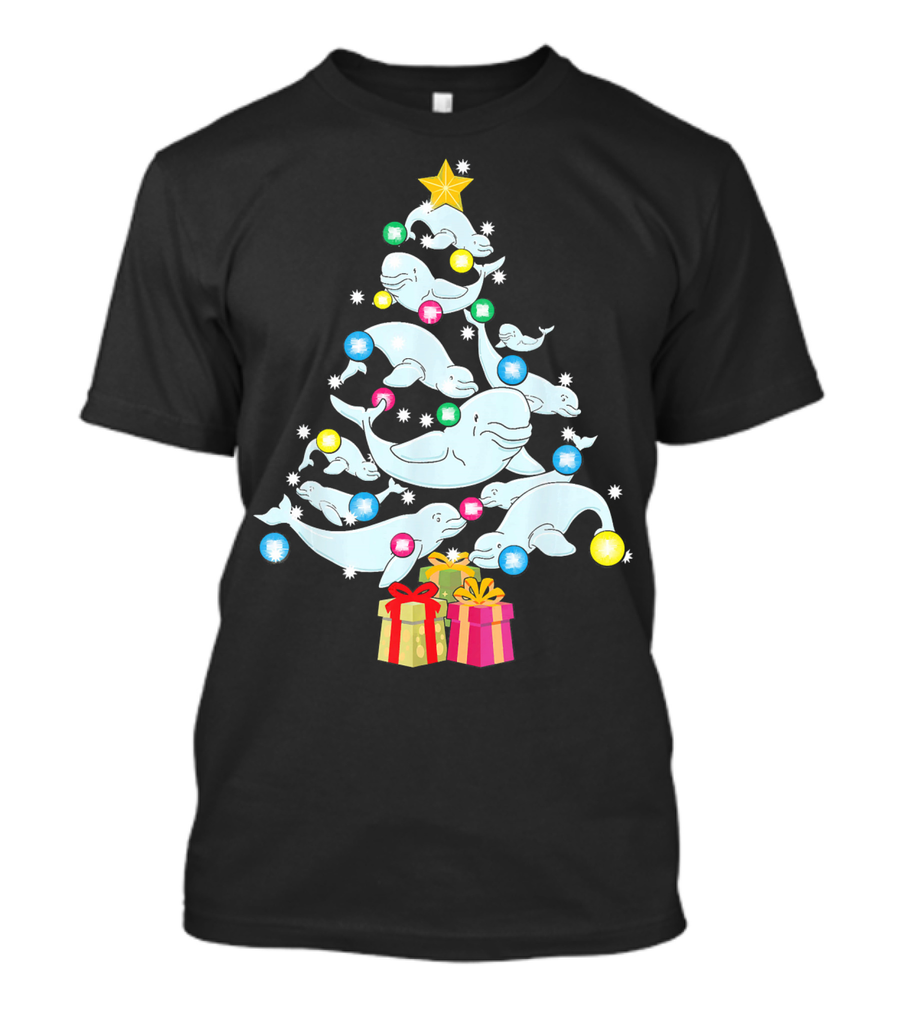 Beluga Whale Christmas Tree With Presents And Colorful Ornaments T-Shirt