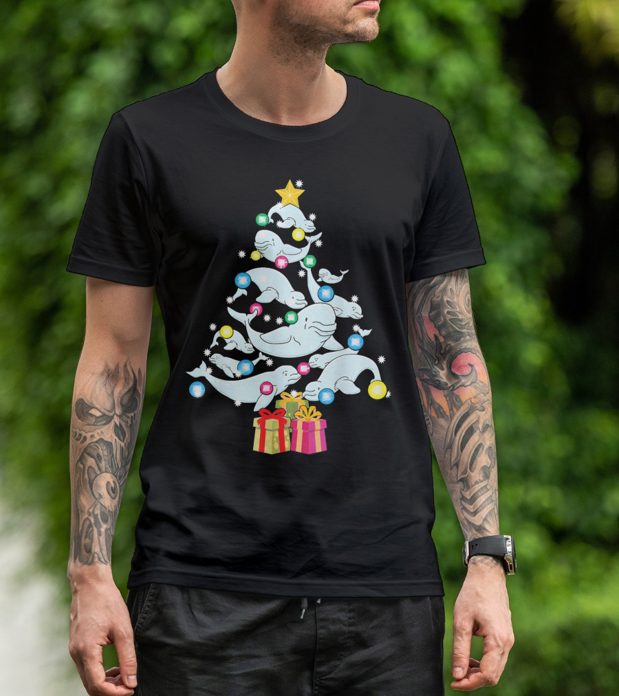 Beluga Whale Christmas Tree With Presents And Colorful Ornaments T-Shirt
