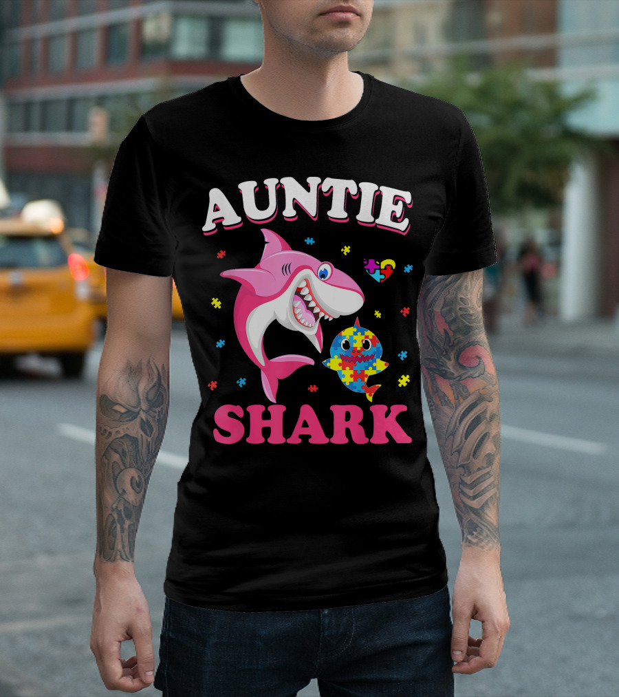 Auntie Shark Autism Awareness Puzzle Piece Heart T-Shirt