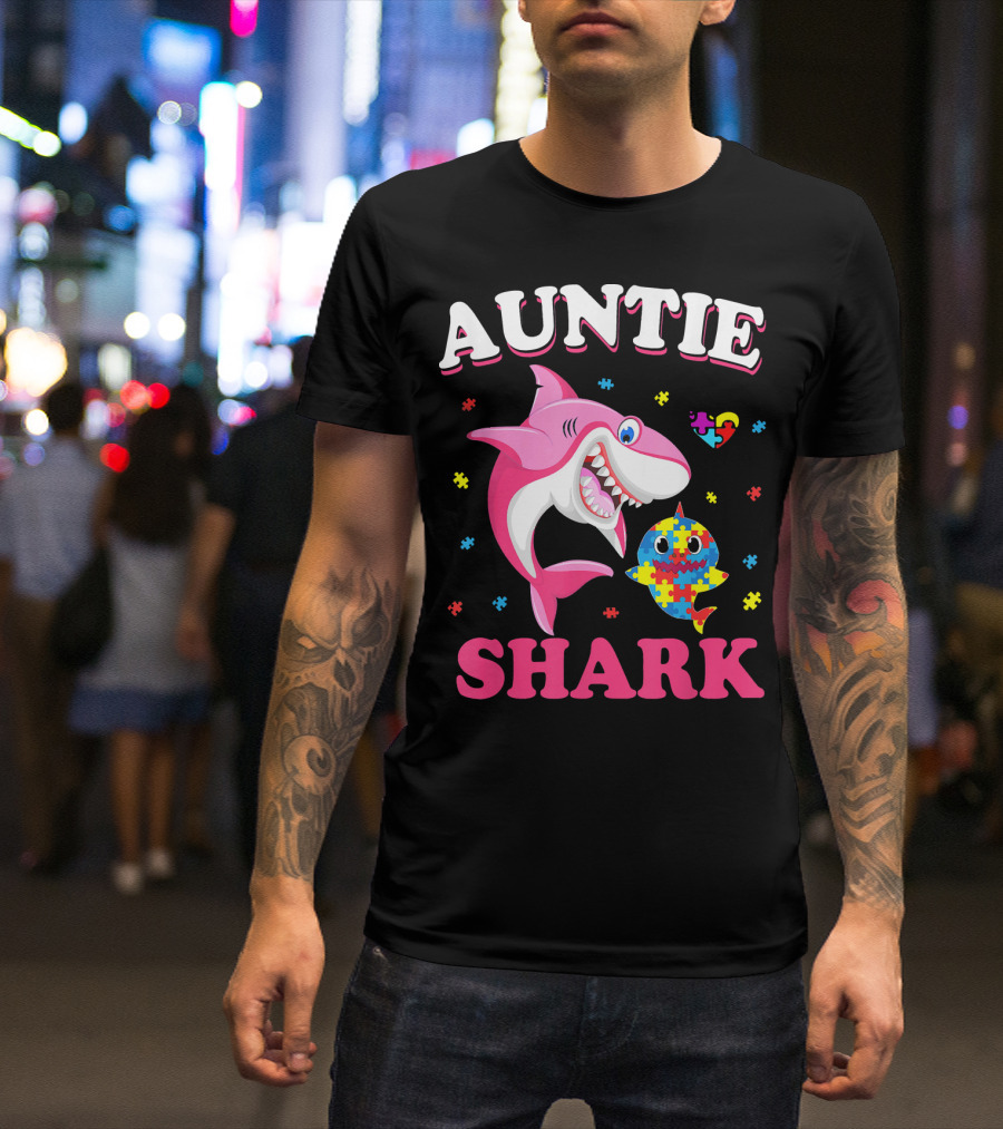 Auntie Shark Autism Awareness Puzzle Piece Heart T-Shirt