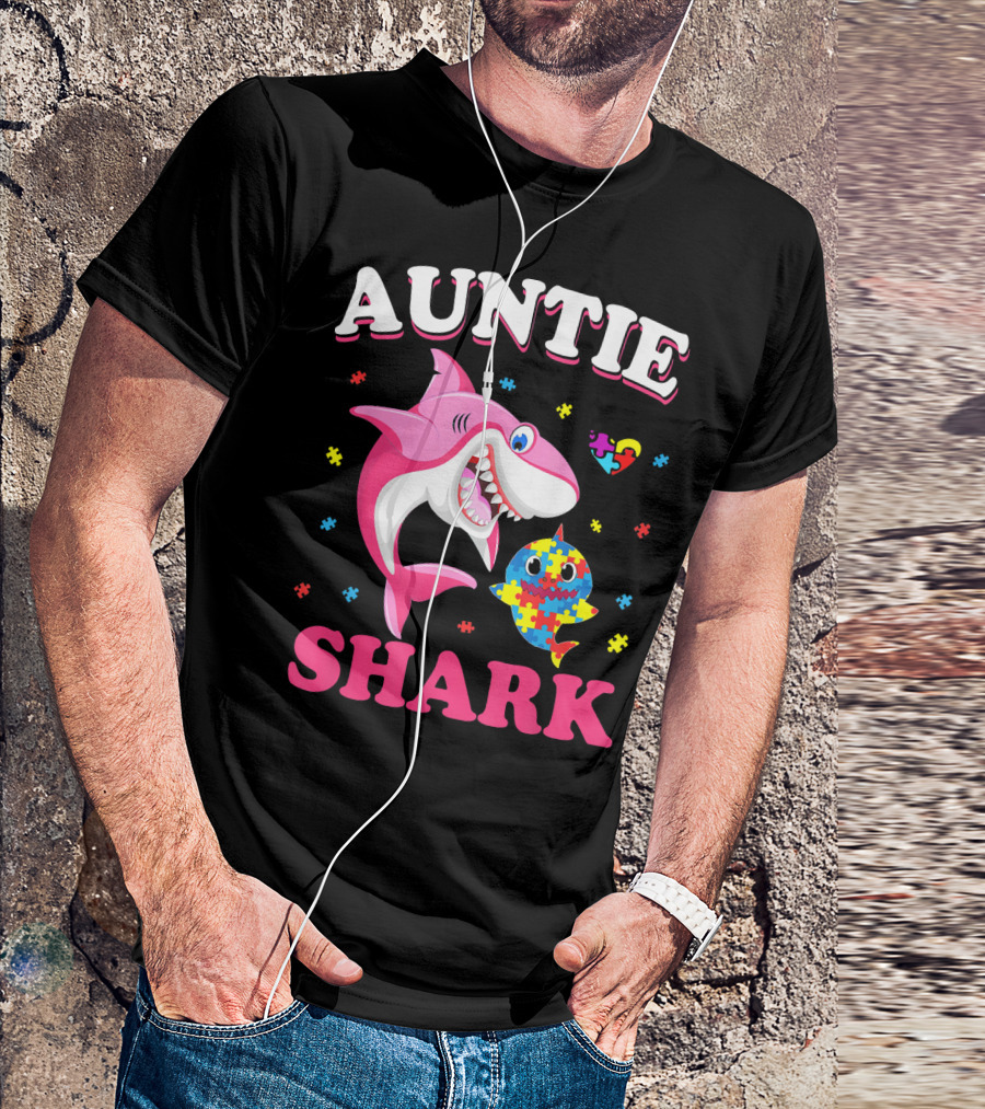 Auntie Shark Autism Awareness Puzzle Piece Heart T-Shirt