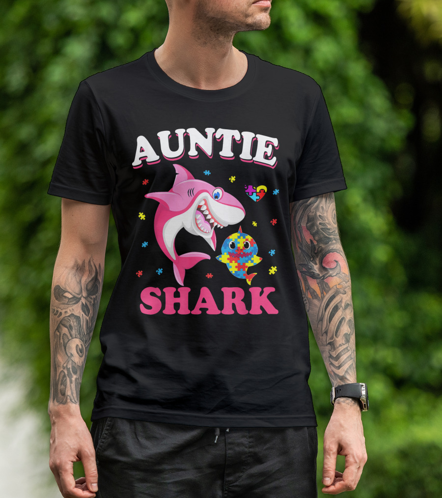 Auntie Shark Autism Awareness Puzzle Piece Heart T-Shirt
