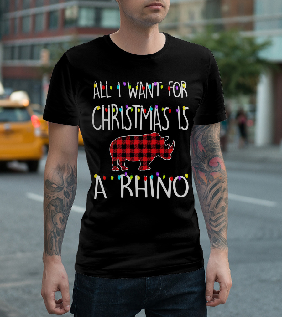 All I Want For Christmas Is A Rhino Buffalo Plaid Lights T-Shirt