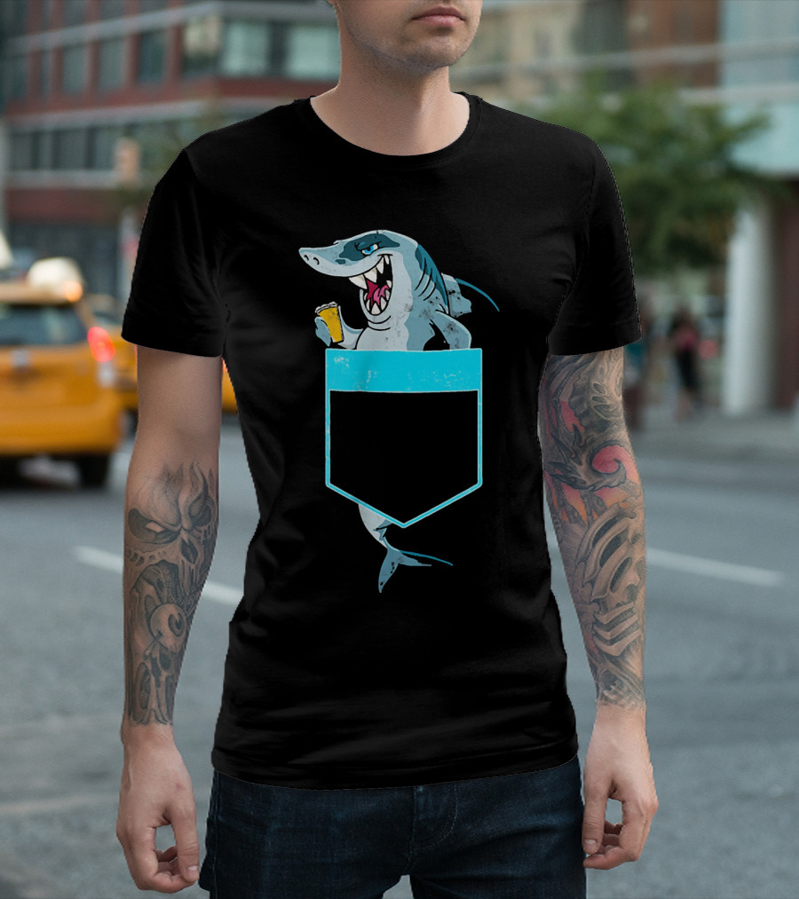 Awesome Shark Drinking Beer Pocket T-Shirt