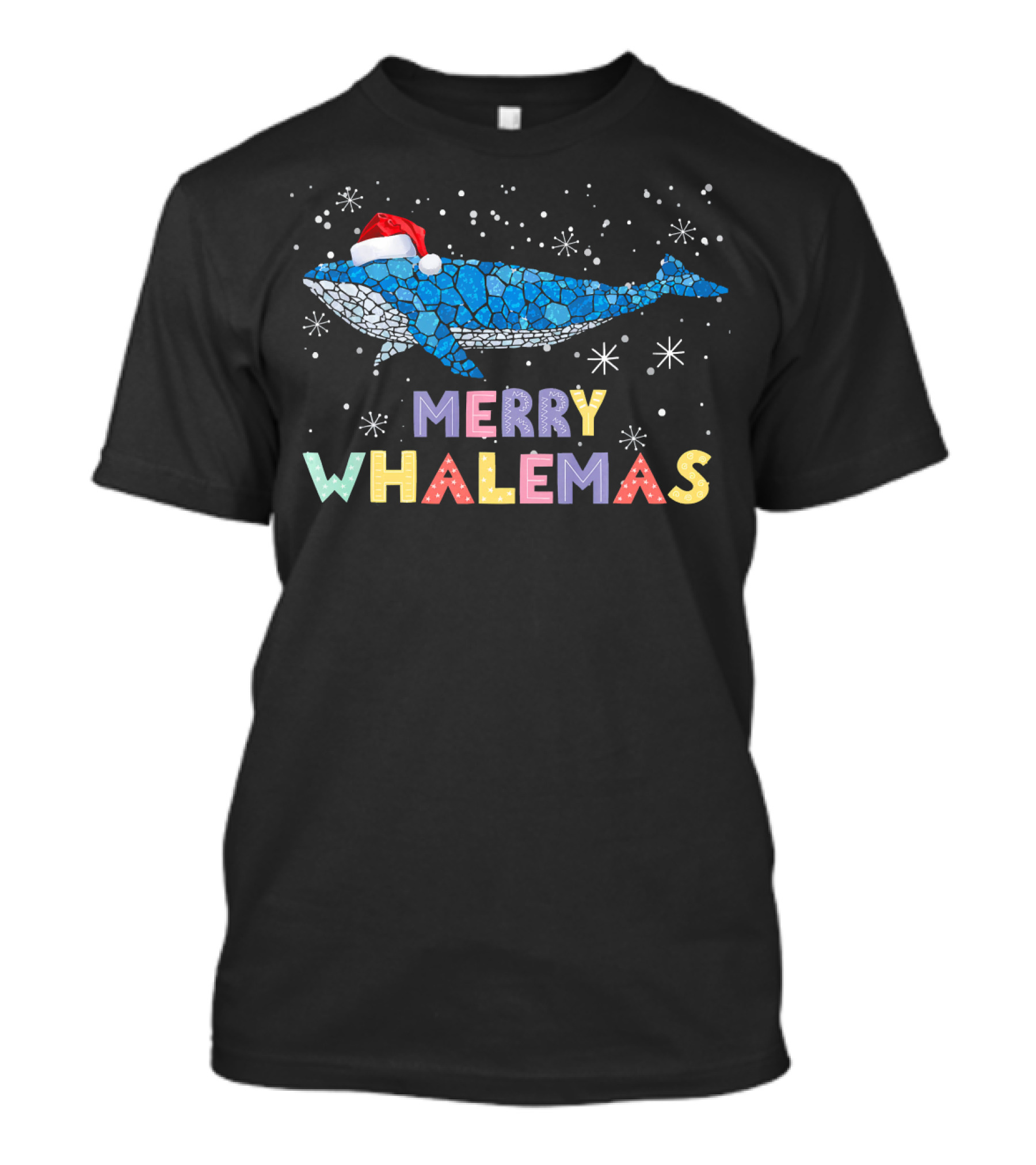 Blue Whale Christmas Merry Whalemas Festive Santa Hat Snowflakes T-Shirt