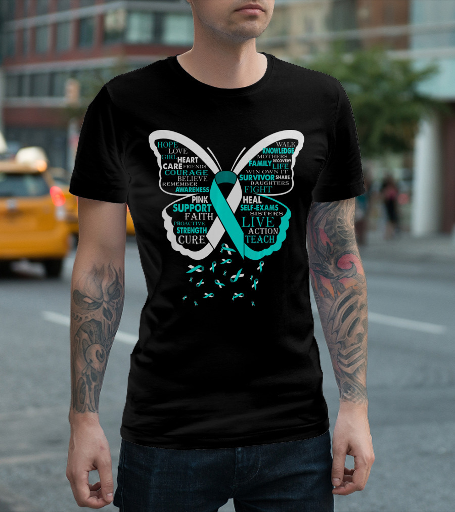 Hope Love Support Courage Strength Cure Pink Faith Heal Fight Butterfly Ribbon Awareness T-Shirt