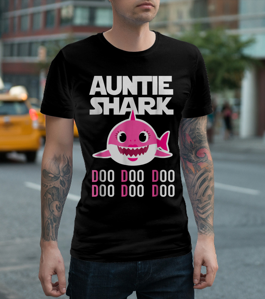 Auntie Shark Doo Doo Doo Pink Cartoon Family T-Shirt