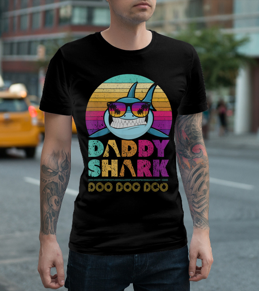 Daddy Shark Doo Doo Doo Retro Sunglasses Palm Trees Vintage Sunset T-Shirt