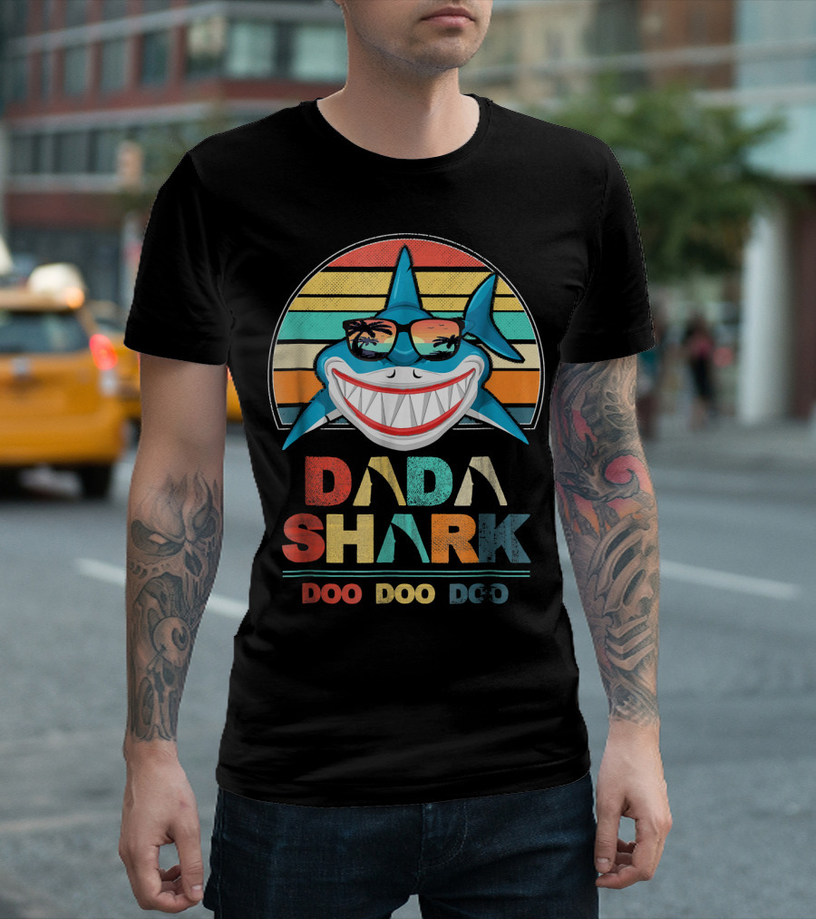 Dada Shark Doo Doo Doo Retro Sunset Sunglasses Palm Trees T-Shirt
