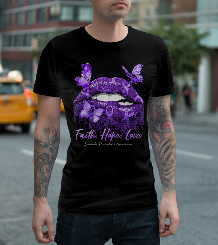 Faith Hope Love Suicide Prevention Awareness Purple Butterflies T-Shirt