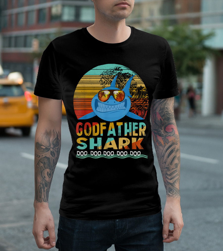 Godfather Shark Doo Doo Doo Doo Doo Retro Sunglasses Sunset Waves T-Shirt
