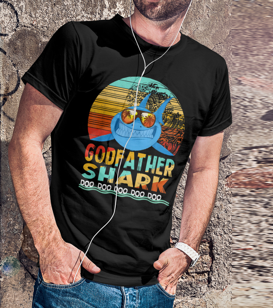 Godfather Shark Doo Doo Doo Doo Doo Retro Sunglasses Sunset Waves T-Shirt