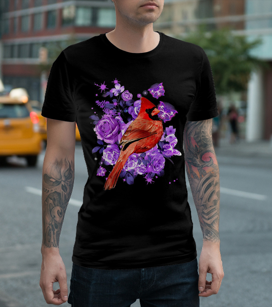 Cute Cardinal with Purple Flowers for Woman Lover T-Shirt
